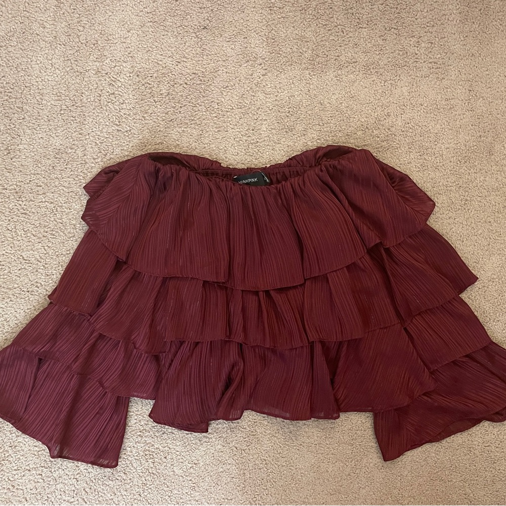 MINKPINK Burgundy Shimmery Off the Shoulder Top